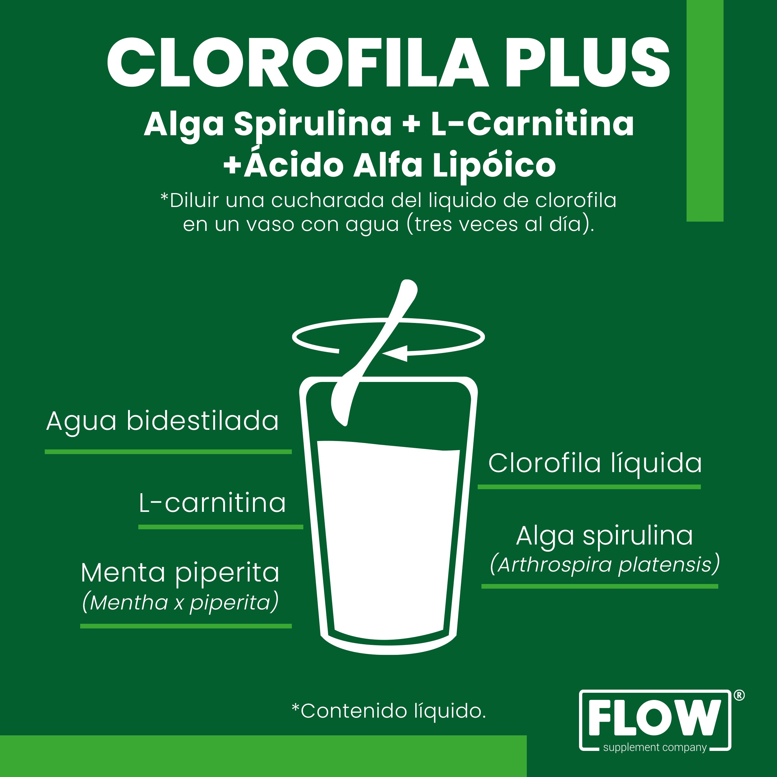 Clorofila Lquida + Alga Espirulina + L-Carnitina + cido Alfa Lipoico Flow Supplements Company Clorofila Lquida + Alga Espirulina + L-Carnitina + cido Alfa Lipoico Flow Supplements Company