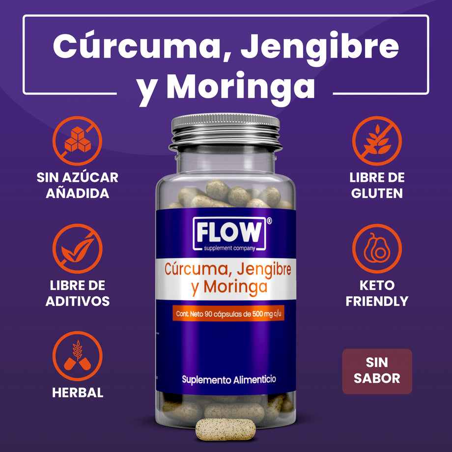 Cúrcuma + Jengibre + Moringa / 90 cápsulas de 500 mg c/u - Flow Supplement