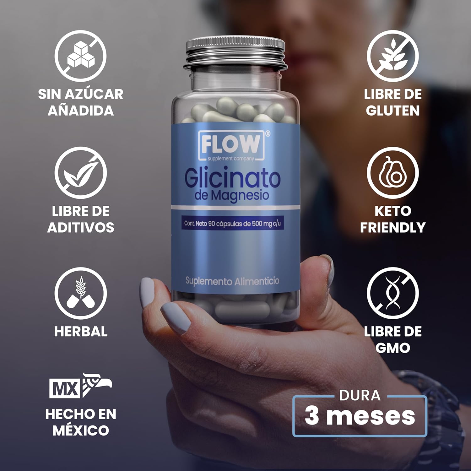 Glicinato de Magnesio / 90 cápsulas de 500 mg c/u - Flow Supplement